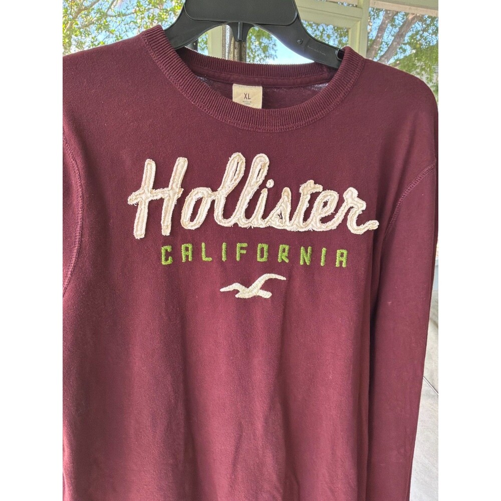 Hollister SZ XL Men's Burgundy Logo Long Sleeve T-shirt Crew Neck 2000s Vintage - Picture 5 of 10